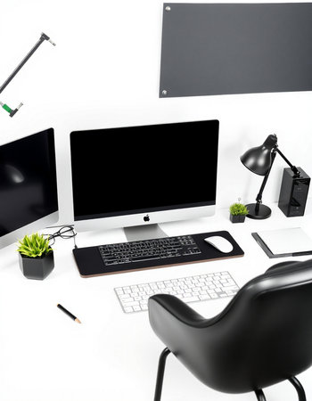 Modern workspace with computer and office supplies on white background. Flat lay, top view