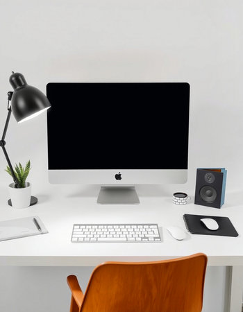 Modern workspace with computer, keyboard and mouse. 3d rendering.
