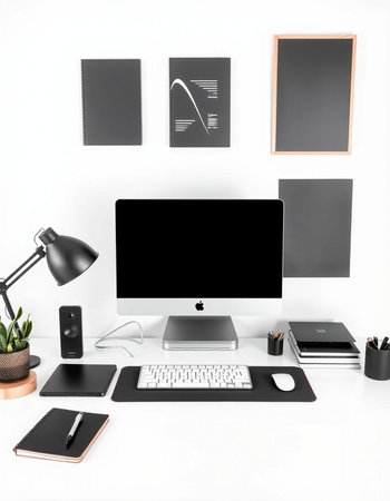 Modern workspace with blank computer screen, stationery and decorations on white wall. Mock up, 3D...