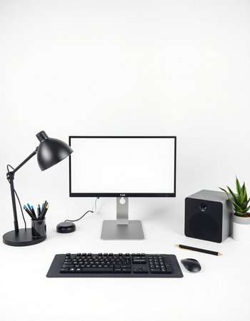 Modern workspace with computer monitor, keyboard, mouse, stationery, lamp and plant. 3D Rendering