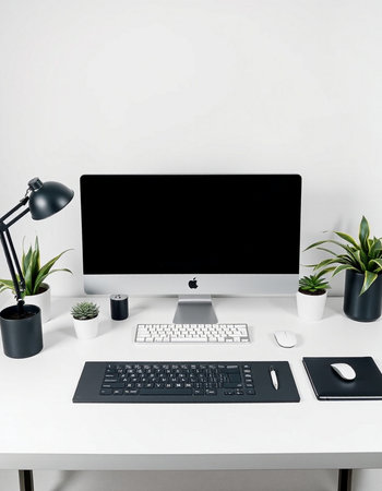 Modern workspace with blank computer monitor, keyboard, mouse and other items. Mock up, 3D Rendering