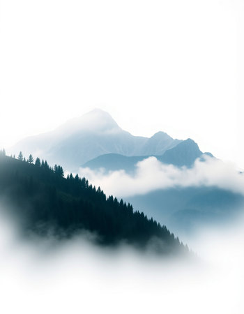 Mountain landscape with fog in the morning, Carpathians, Ukraineの写真素材