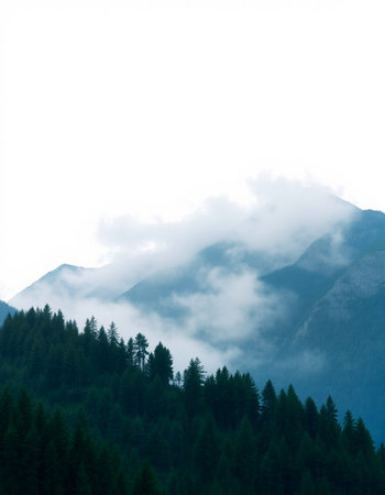 Mountain landscape with coniferous forest on a foggy dayの写真素材