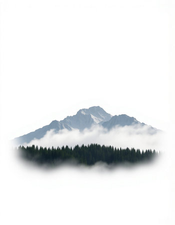 Mountain landscape with fog and pine trees on a white background.の写真素材