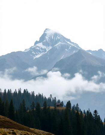 Mountain landscape with snow-capped peaks and coniferous forest.の写真素材