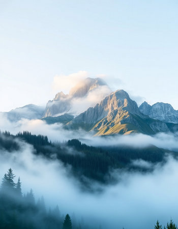 Foggy mountains in the morning, Dolomites, Italyの写真素材