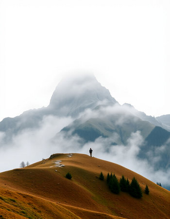 Hiker on the top of the mountain with fog in the backgroundの写真素材