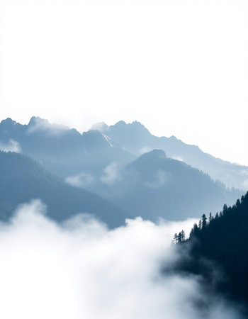 Beautiful mountain landscape with fog in the morning. Caucasus Mountains, Georgia.の写真素材