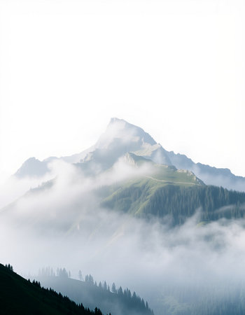 Mountain landscape with fog in the morning. Caucasus Mountains, Georgia.の写真素材