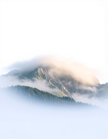 Mountain landscape with fog in the morning. 3d illustration.の写真素材