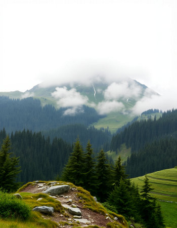 Mountain landscape with coniferous forest and high peaks in cloudsの写真素材