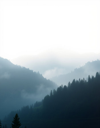 Foggy mountain landscape with coniferous forest in the foregroundの写真素材