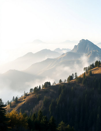Mountain landscape with fog in the morning. Dolomites, Italyの写真素材