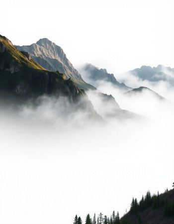 Mountain landscape with clouds and fog. Caucasus, Dombajの写真素材
