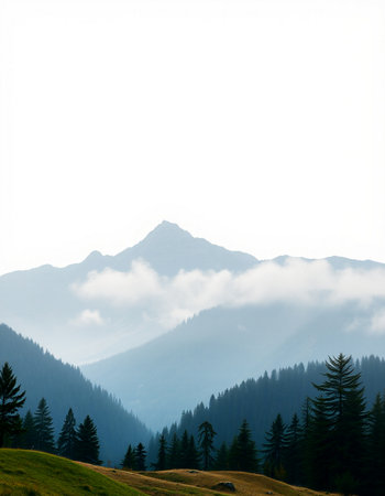 Mountain landscape with coniferous forest and fog in the morningの写真素材