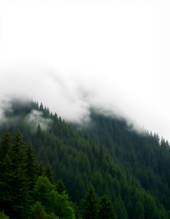 Foggy mountain landscape with trees in the foreground and copy spaceの写真素材