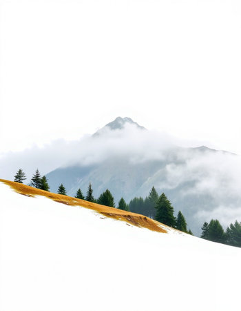 Mountain landscape with snow and pine trees on slope. Caucasus Mountains, Georgia.の写真素材