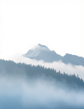 Foggy mountain landscape with coniferous forest in the foregroundの写真素材