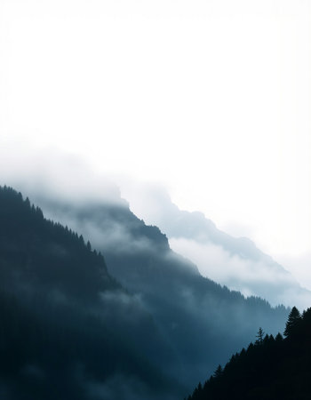 Mountain landscape with fog in the morning. Caucasus Mountains, Georgia.の写真素材