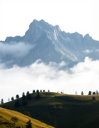 Mountain landscape with fog in the morning.の写真素材