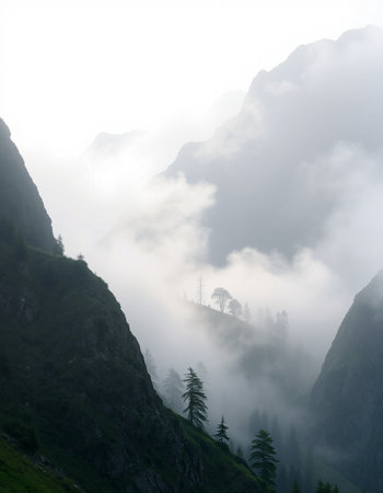 Foggy mountain landscape in the morning. Morning fog in the mountains.の写真素材
