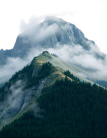 Mountain landscape with fog and clouds in the italian alpsの写真素材