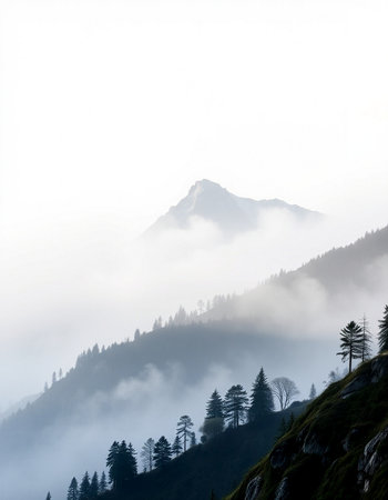 Mountain landscape with coniferous trees in the fog, Switzerlandの写真素材