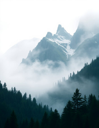 Mountain landscape with clouds and mist in the Dolomites, Italyの写真素材