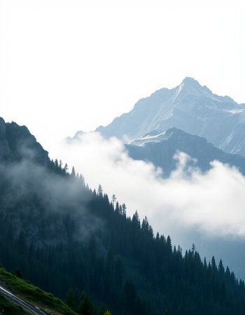 Mountain landscape with fog and cloudsの写真素材