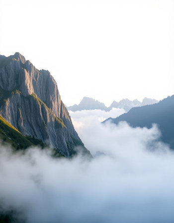 Mountain landscape with clouds and fog, Dolomites, Italyの写真素材