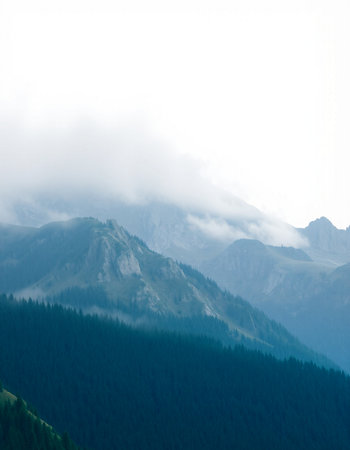 Mountain landscape with fog and clouds. Caucasus, Dombai.の写真素材