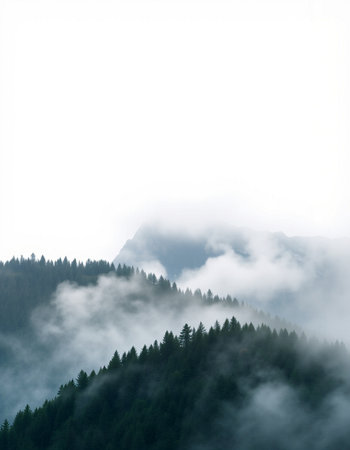 Beautiful mountain landscape with fog in the mountains on a cloudy dayの写真素材