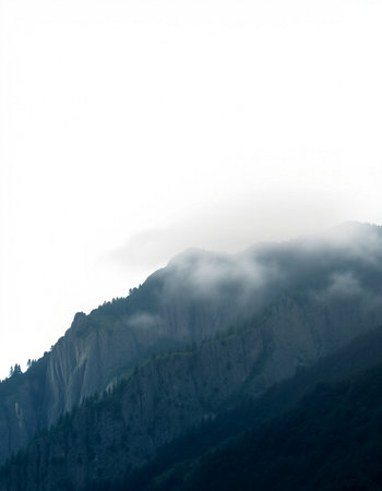 Mountain landscape with fog in the morning, closeup of photoの写真素材