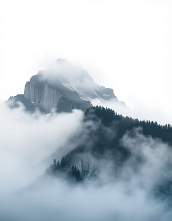 Beautiful mountain landscape with fog and cloudsの写真素材