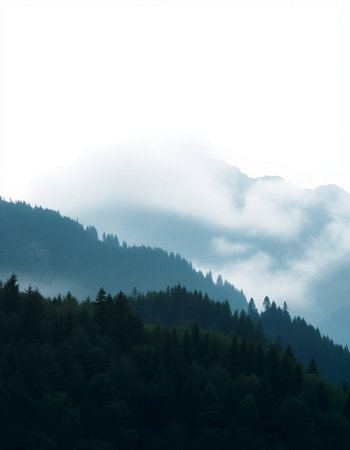 Foggy morning in the mountains. Foggy mountain landscape.の写真素材