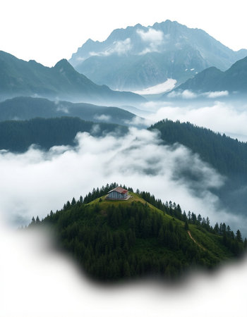 Foggy mountain landscape with a small house on top of a hillの写真素材