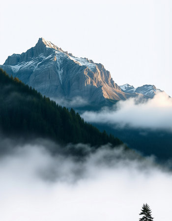 Beautiful mountain landscape with fog in the morning.の写真素材
