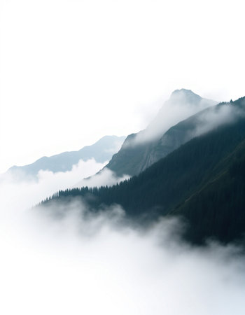 Mountain landscape with fog in the foreground and forest in the backgroundの写真素材