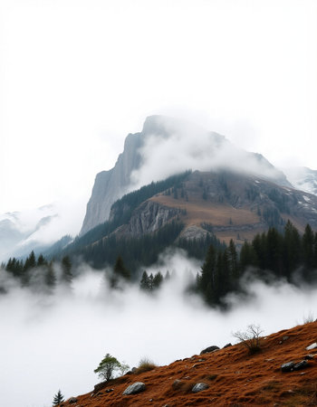 Landscape of Dolomites mountains in foggy day, Italyの写真素材