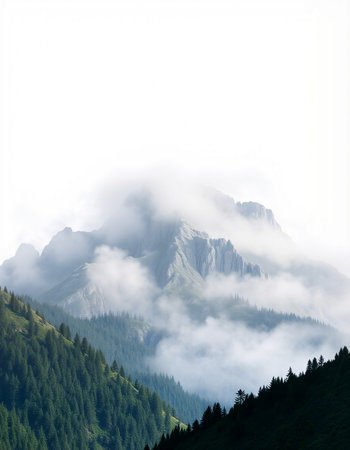 Mountain landscape with fog and clouds.の写真素材