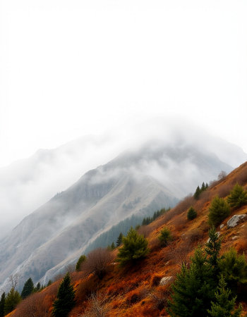Mountain landscape with fog in autumn. Caucasus Mountains, Georgia.の写真素材