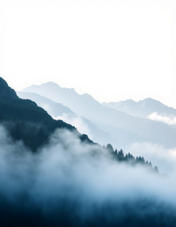 Mountain landscape with fog in the morning, Caucasus Mountains, Georgiaの写真素材