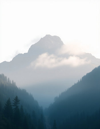Misty mountain landscape in Carpathian mountains, Ukraine, Europeの写真素材