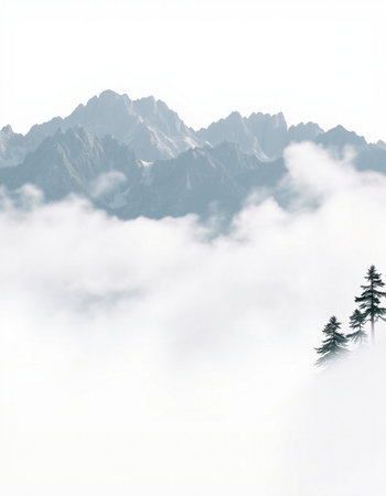 Foggy mountains landscape with pine trees in the foreground and peaks in the backgroundの写真素材