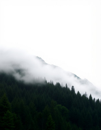 Foggy mountain landscape with coniferous forest in the backgroundの写真素材