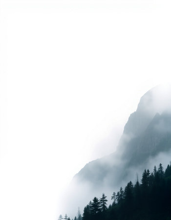 Mountain landscape with fog in the foreground and trees in the backgroundの写真素材