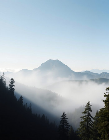 Mountain landscape with fog in the morning, Carpathian Mountains, Ukraineの写真素材