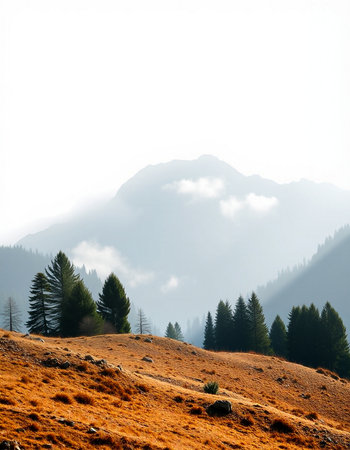 Pine trees on the mountain slope with fog in the background.の写真素材