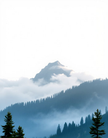 Mountains and coniferous forest on a foggy day.の写真素材