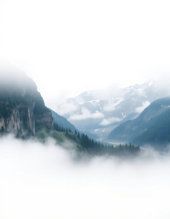 Mountain landscape with fog in the morning. Switzerland, Europe.の写真素材
